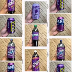 Kolaż zdjęć z różnymi napojami o smaku winogronowym, m.in. Fanta, Sunkist, Crush, Faygo, Poppi.