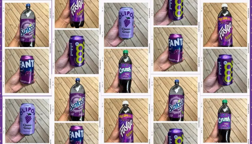 Kolaż zdjęć z różnymi napojami o smaku winogronowym, m.in. Fanta, Sunkist, Crush, Faygo, Poppi.