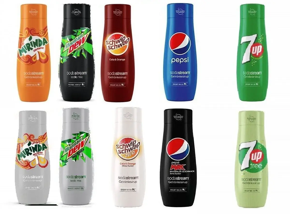 Butelki z syropami SodaStream: Mirinda, Mountain Dew, Schwip Schwap, Pepsi, 7UP w różnych smakach i wersjach.