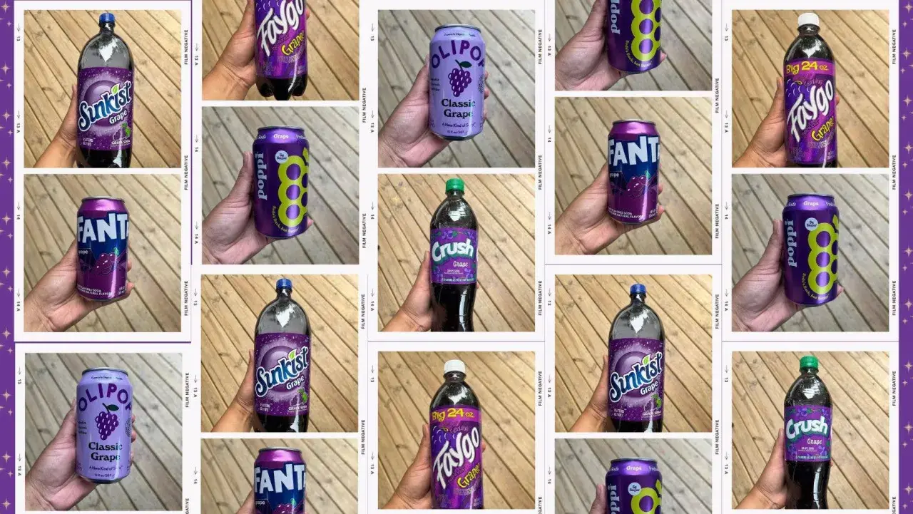 Kolaż zdjęć z różnymi napojami o smaku winogronowym, m.in. Fanta, Sunkist, Crush, Faygo, Poppi.