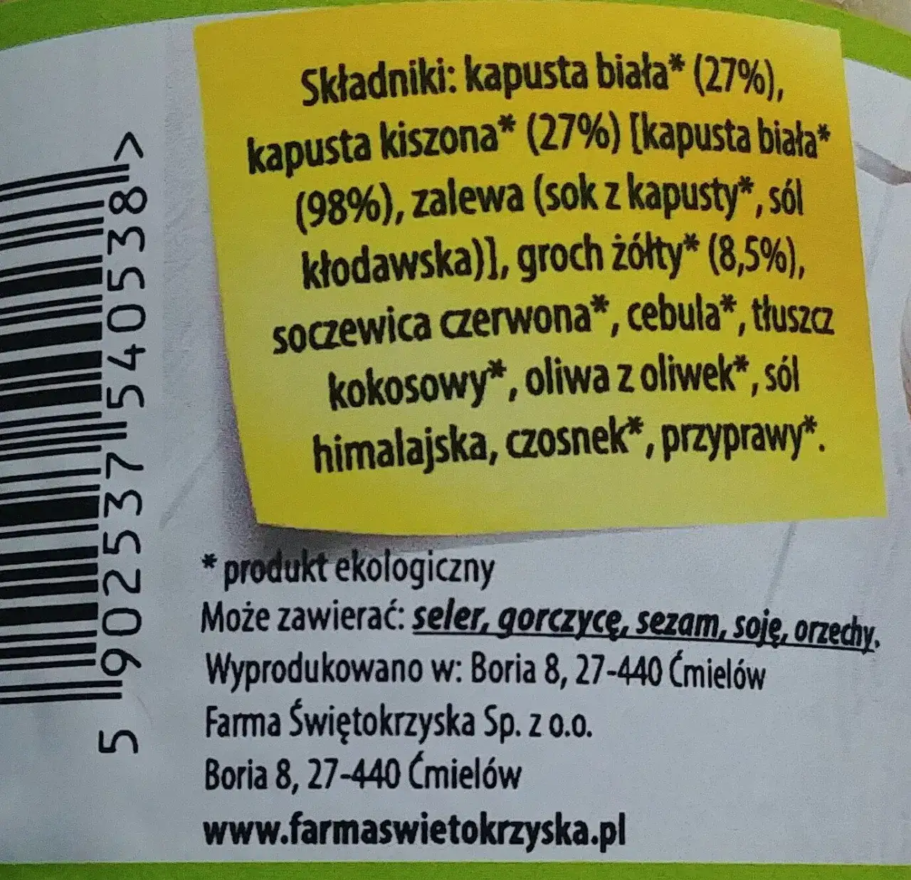 etykieta sok z kapusty skład
